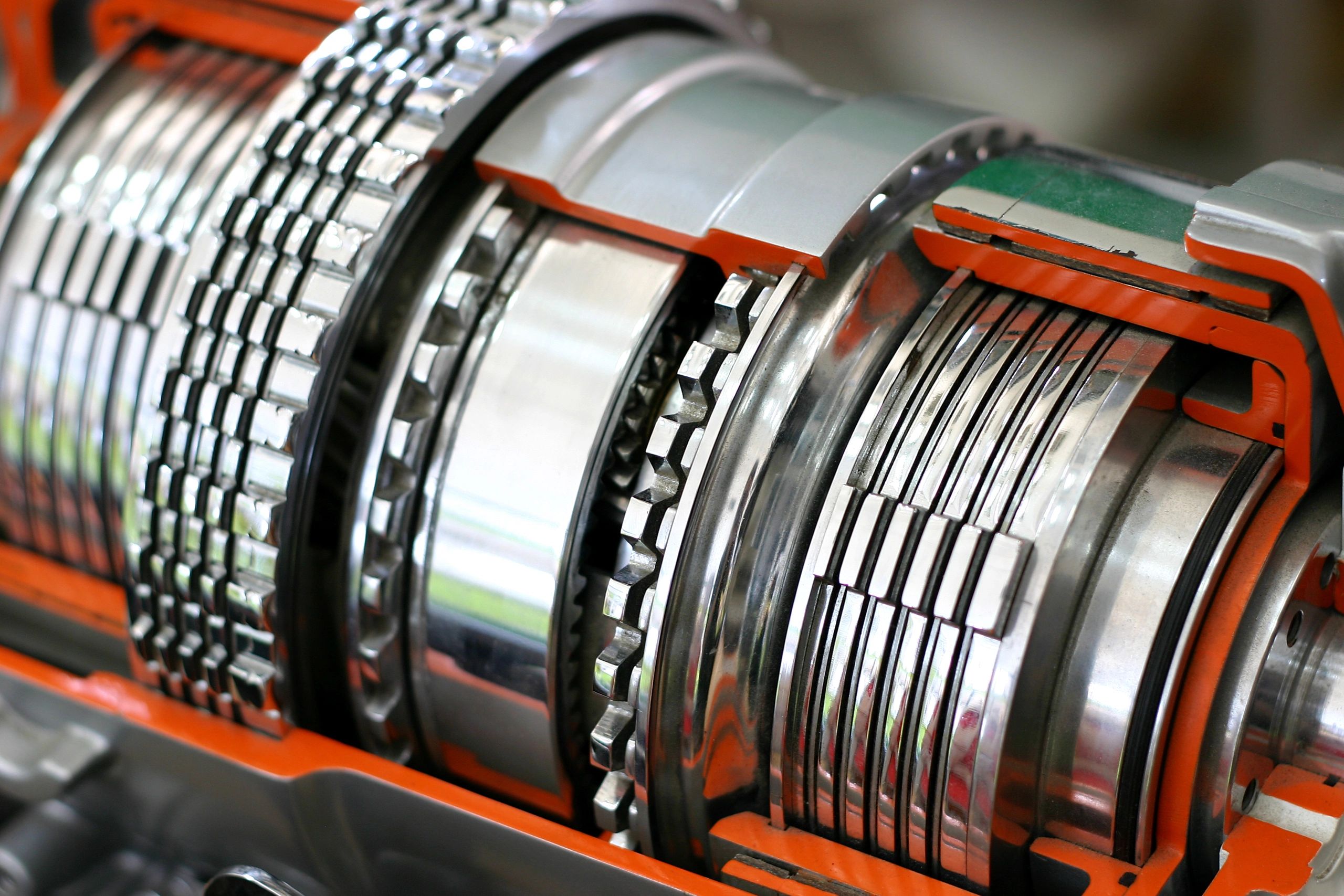 Close-up of engine and drivetrain components