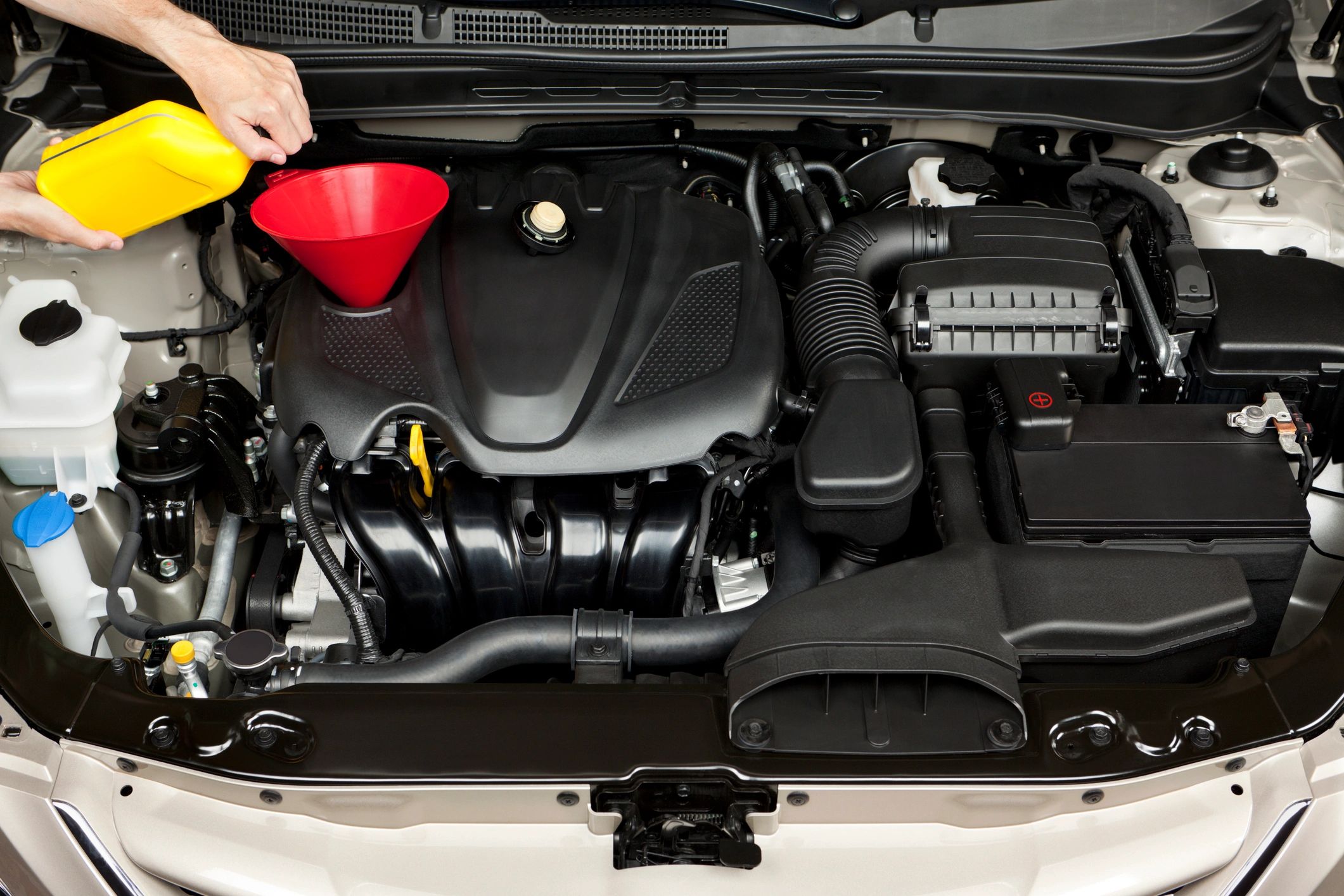 Technician performing fluid service under the hood